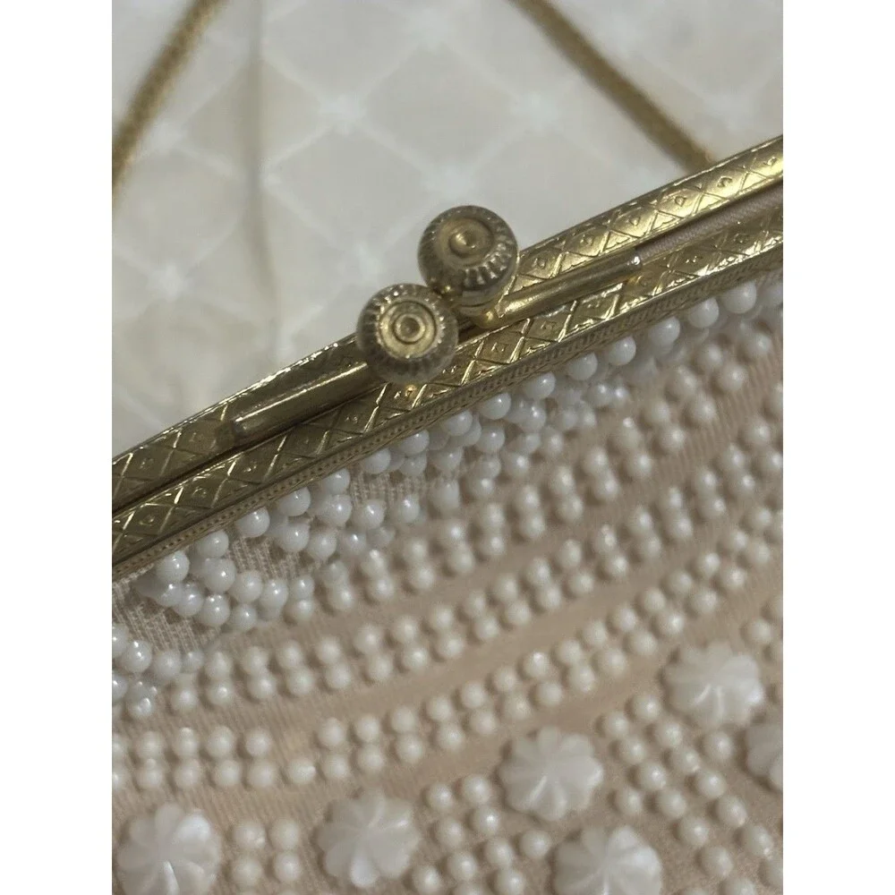 Vintage 1960s Beaded Floral Evening Bag Ivory Metal Frame Chain Strap Hong Kong